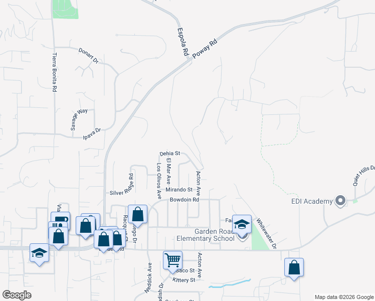 map of restaurants, bars, coffee shops, grocery stores, and more near 14556 Dehia Street in Poway