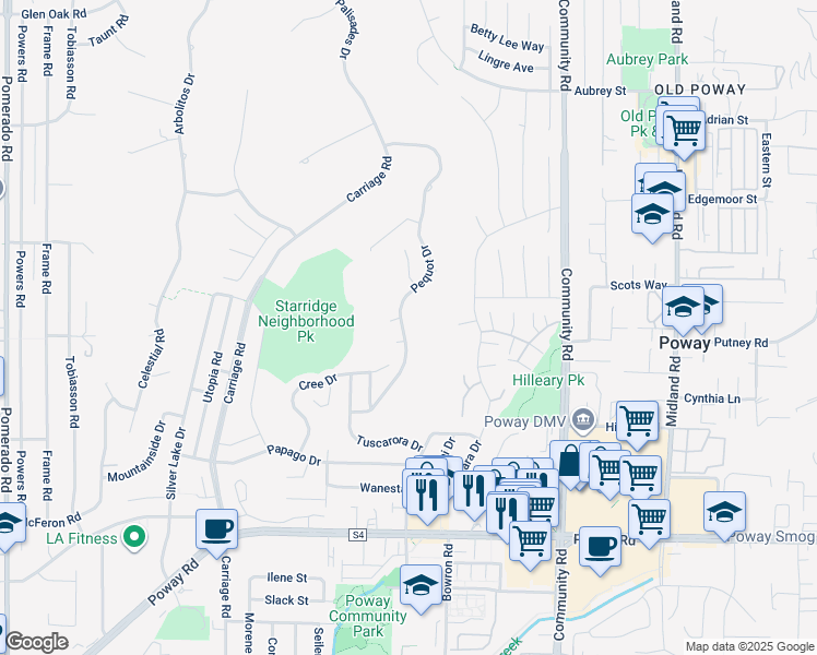 map of restaurants, bars, coffee shops, grocery stores, and more near 13539 Pequot Drive in Poway