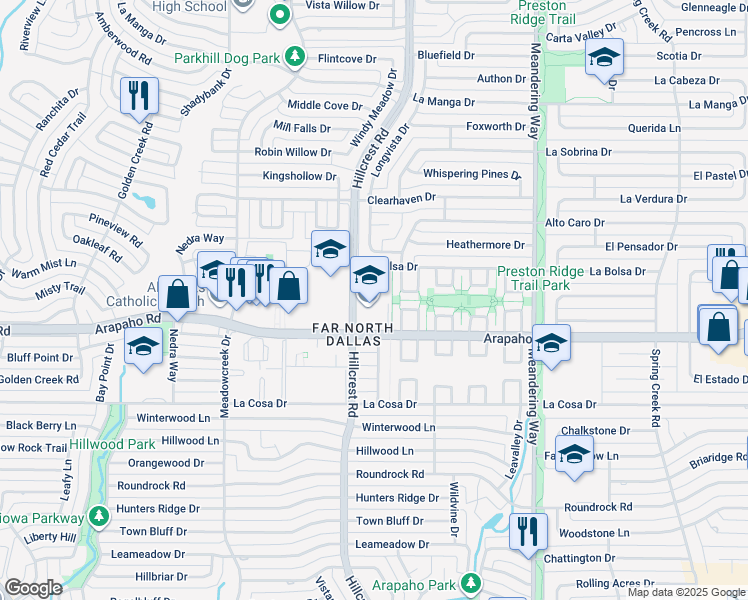 map of restaurants, bars, coffee shops, grocery stores, and more near 15720 Hillcrest Road in Dallas
