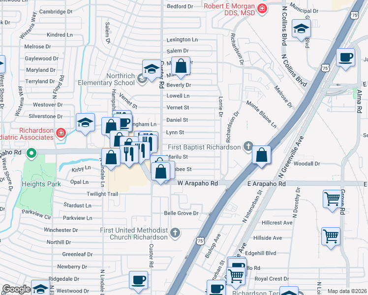 map of restaurants, bars, coffee shops, grocery stores, and more near 429 Jolee Street in Richardson