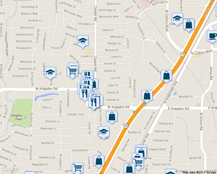 map of restaurants, bars, coffee shops, grocery stores, and more near 429 Jolee Street in Richardson