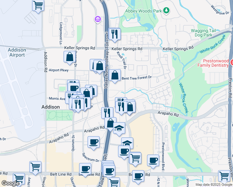 map of restaurants, bars, coffee shops, grocery stores, and more near 15770 Dallas Parkway in Dallas