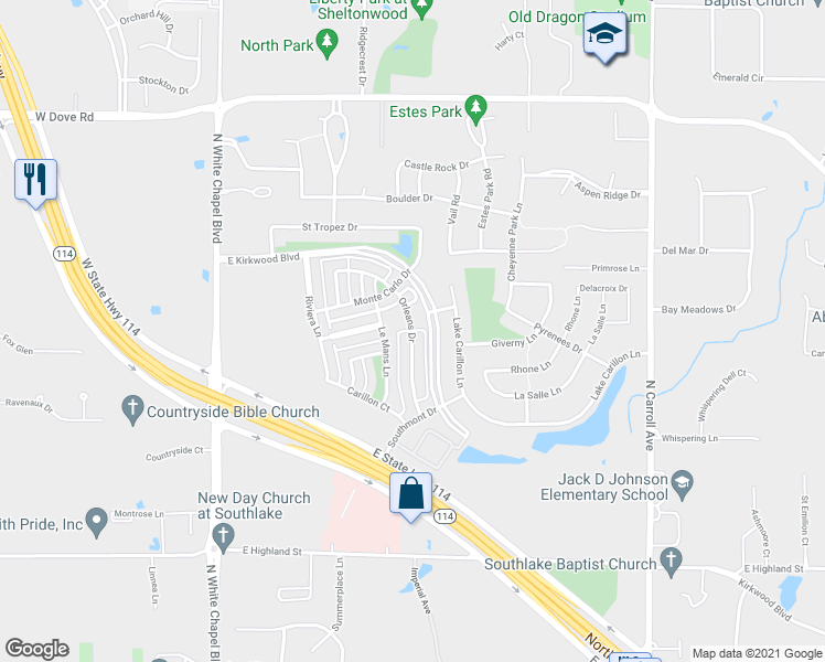 map of restaurants, bars, coffee shops, grocery stores, and more near Orleans Drive in Southlake