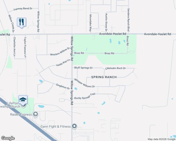 map of restaurants, bars, coffee shops, grocery stores, and more near 1316 Bluff Springs Drive in Haslet