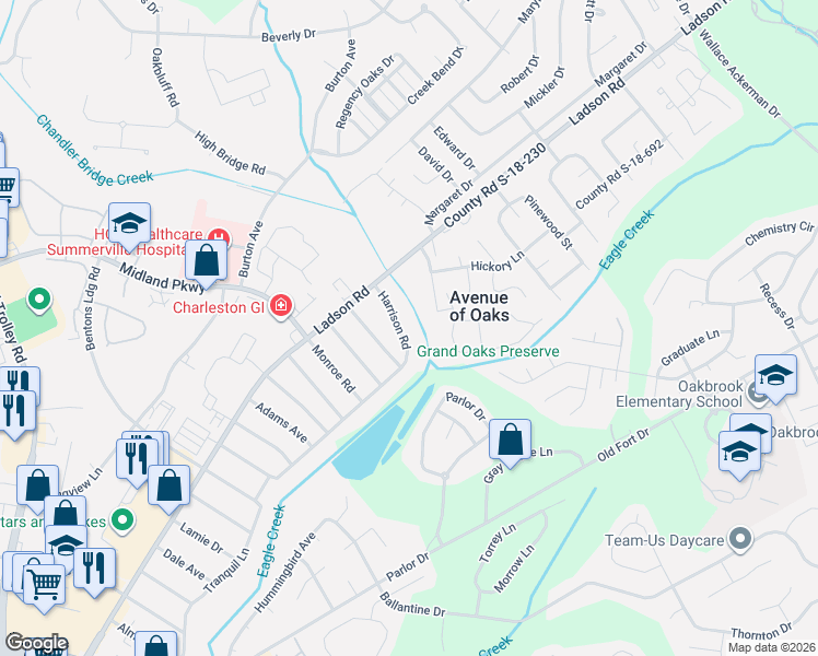 map of restaurants, bars, coffee shops, grocery stores, and more near 9611 Avenue of Oaks in Ladson