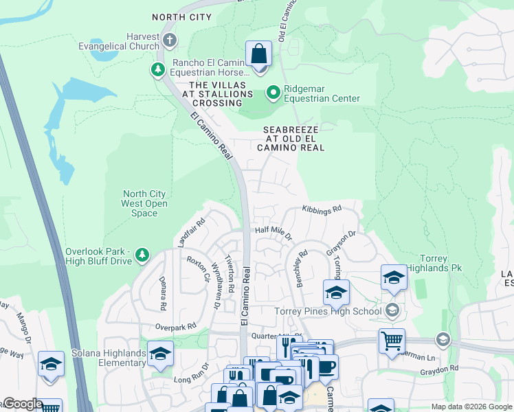 map of restaurants, bars, coffee shops, grocery stores, and more near 13596 Jadestone Way in San Diego