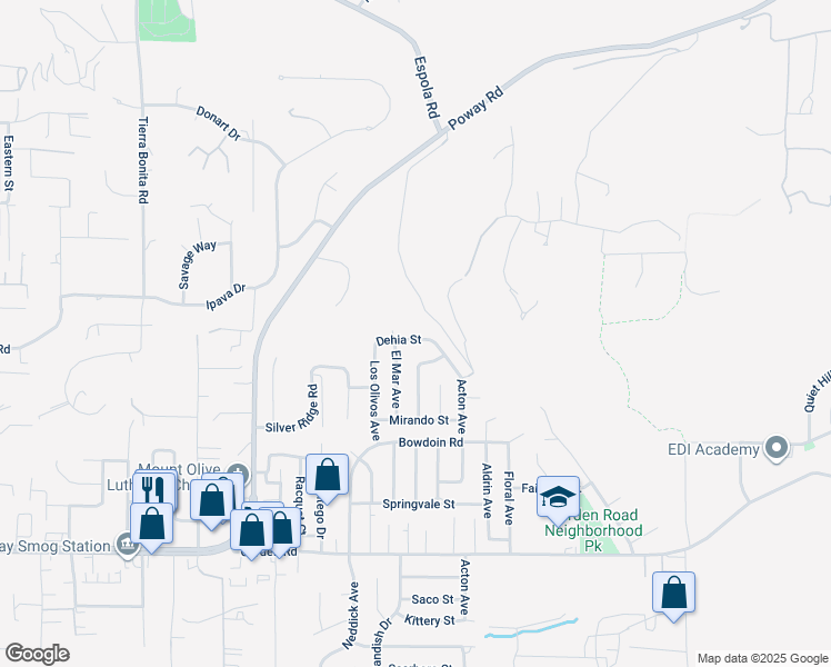 map of restaurants, bars, coffee shops, grocery stores, and more near 14550 Dehia Street in Poway