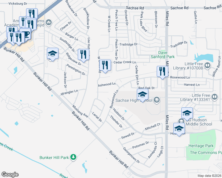 map of restaurants, bars, coffee shops, grocery stores, and more near 3418 Ashwood Lane in Sachse