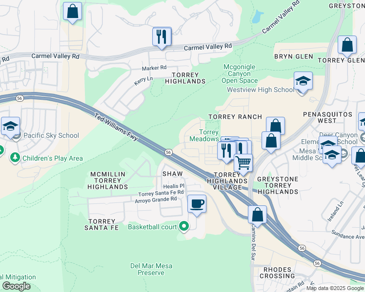 map of restaurants, bars, coffee shops, grocery stores, and more near 13338 Via Magdalena in San Diego