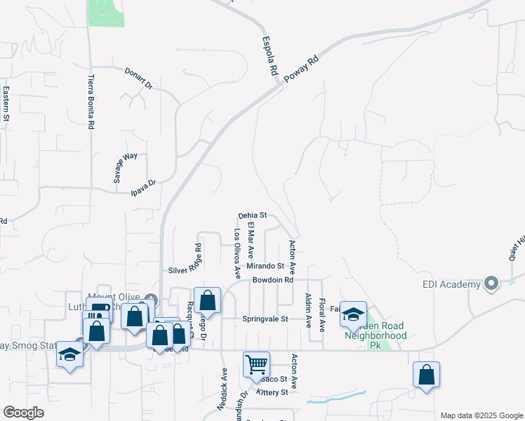 map of restaurants, bars, coffee shops, grocery stores, and more near 14550 Dehia Street in Poway