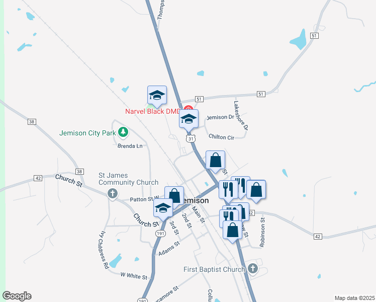 map of restaurants, bars, coffee shops, grocery stores, and more near 25125 U.S. 31 in Jemison