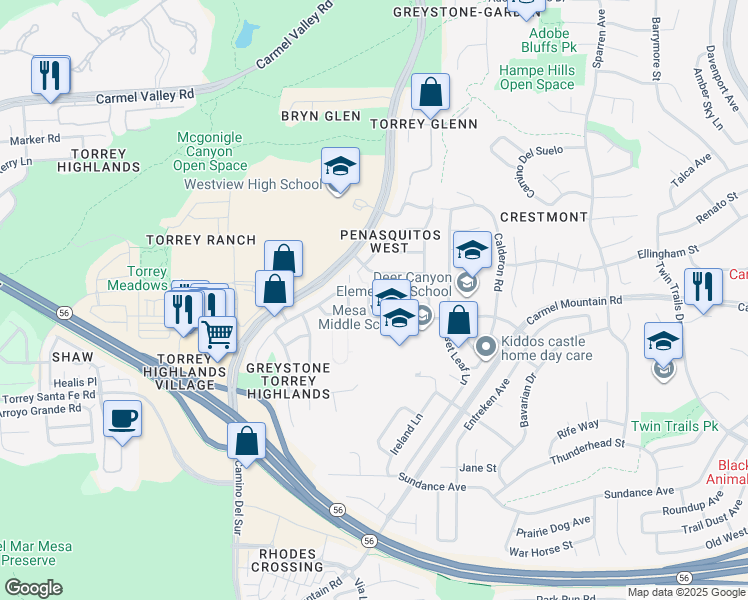 map of restaurants, bars, coffee shops, grocery stores, and more near 8316 Entreken Way in San Diego