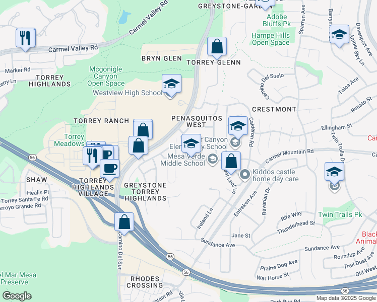 map of restaurants, bars, coffee shops, grocery stores, and more near 8316 Entreken Way in San Diego