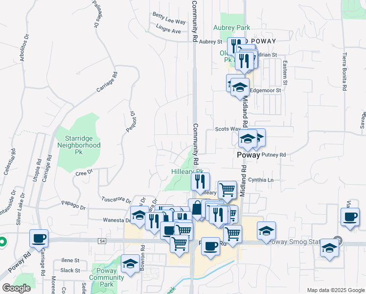 map of restaurants, bars, coffee shops, grocery stores, and more near 13329 Olive Grove Drive in Poway