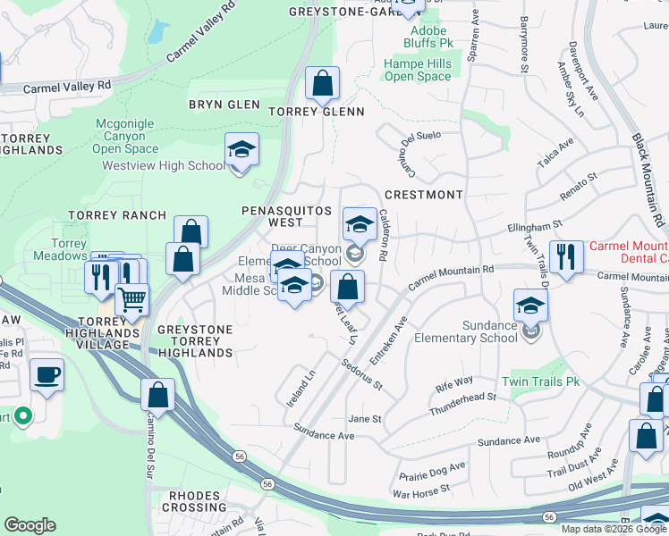 map of restaurants, bars, coffee shops, grocery stores, and more near 13450 Russet Leaf Lane in San Diego