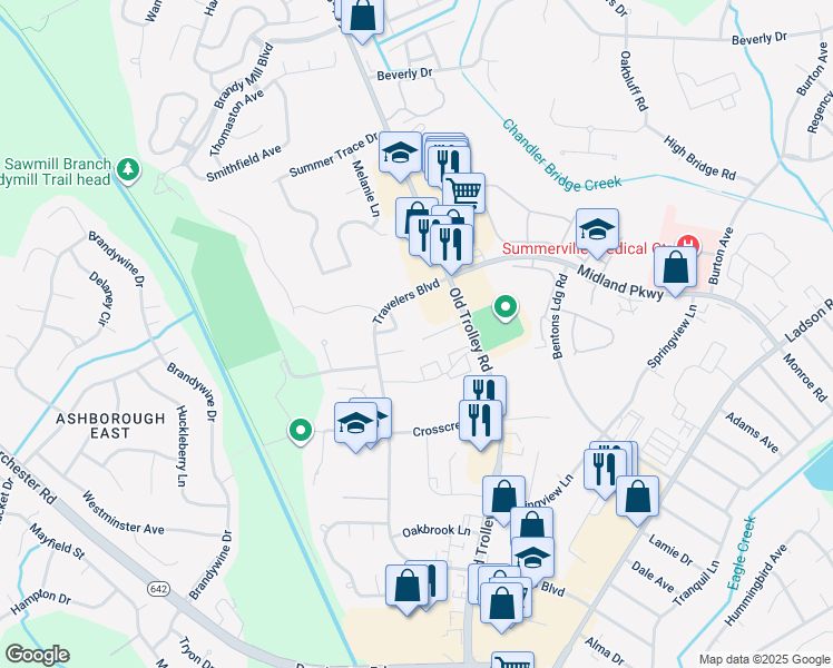 map of restaurants, bars, coffee shops, grocery stores, and more near 108 Timber Lane in Summerville