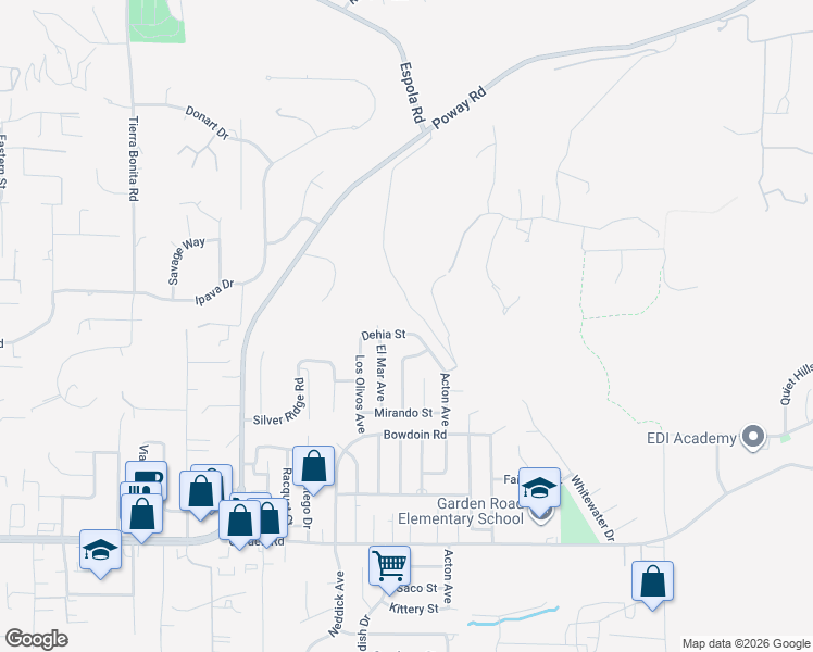 map of restaurants, bars, coffee shops, grocery stores, and more near 14556 Dehia Street in Poway