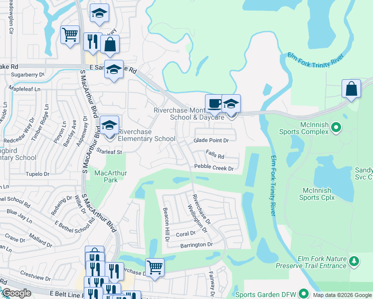 map of restaurants, bars, coffee shops, grocery stores, and more near 128 Longmeadow Drive in Coppell