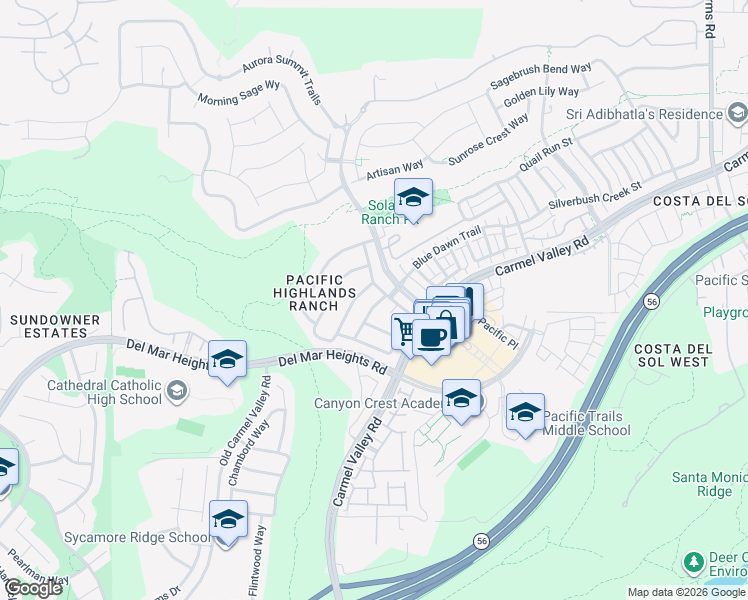 map of restaurants, bars, coffee shops, grocery stores, and more near 13518 Moonflower Meadows Trail in San Diego