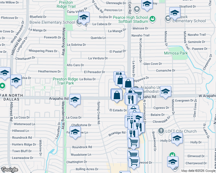 map of restaurants, bars, coffee shops, grocery stores, and more near 15783 El Estado Drive in Dallas
