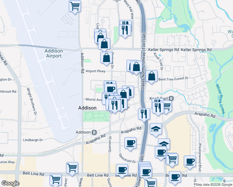map of restaurants, bars, coffee shops, grocery stores, and more near 5012 Parkview Place in Addison