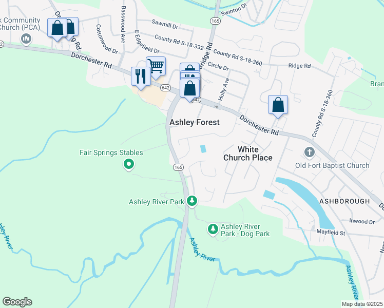 map of restaurants, bars, coffee shops, grocery stores, and more near 108 Tyvola Drive in Summerville