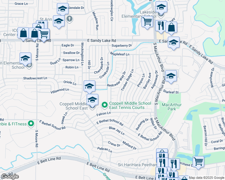 map of restaurants, bars, coffee shops, grocery stores, and more near 903 Redcedar Way Drive in Coppell