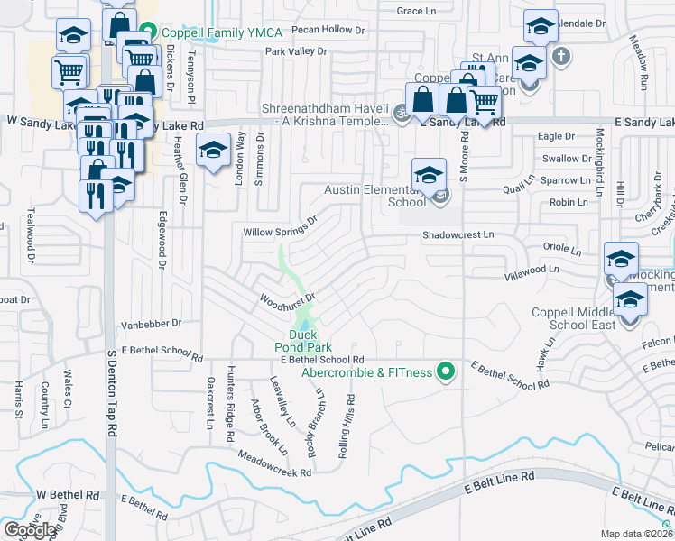 map of restaurants, bars, coffee shops, grocery stores, and more near 449 Shadowcrest Lane in Coppell