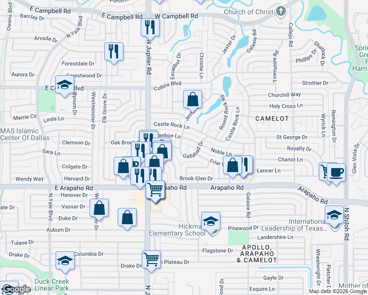 map of restaurants, bars, coffee shops, grocery stores, and more near 5101 Gallahad Drive in Garland