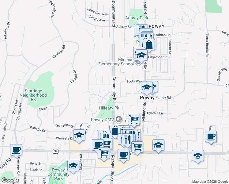 map of restaurants, bars, coffee shops, grocery stores, and more near Community Rd & Sycamore Tree Ln in Poway