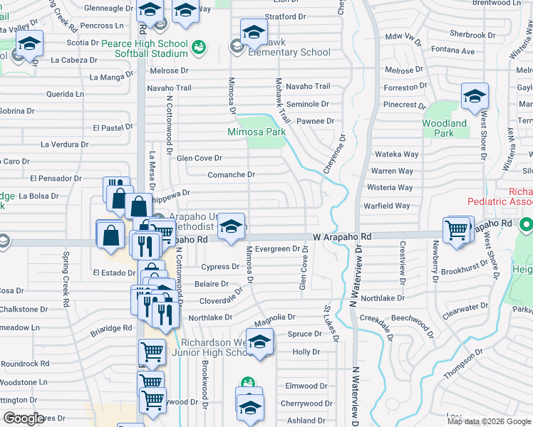 map of restaurants, bars, coffee shops, grocery stores, and more near 1234 Cheyenne Drive in Richardson