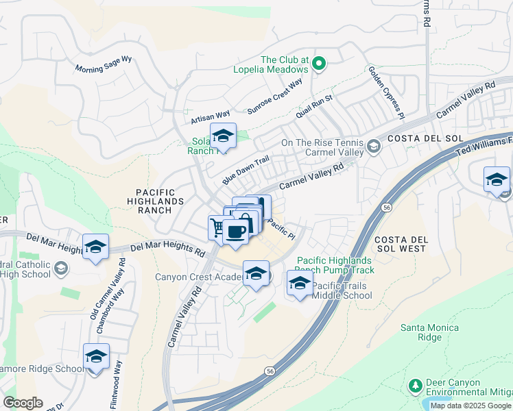map of restaurants, bars, coffee shops, grocery stores, and more near 13016 Lumen Way in San Diego