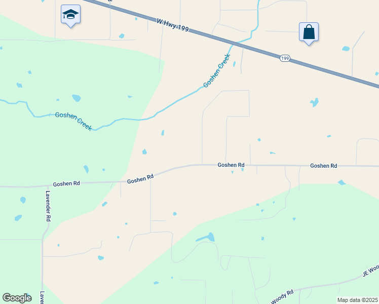 map of restaurants, bars, coffee shops, grocery stores, and more near 2400 Goshen Road in Springtown