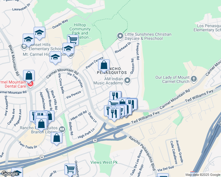 map of restaurants, bars, coffee shops, grocery stores, and more near 9943 Paseo Montalban in San Diego
