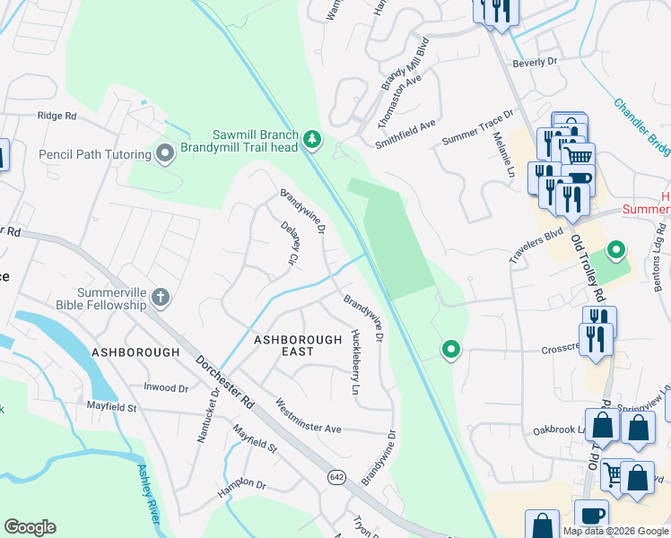 map of restaurants, bars, coffee shops, grocery stores, and more near 206 Brandywine Drive in Summerville