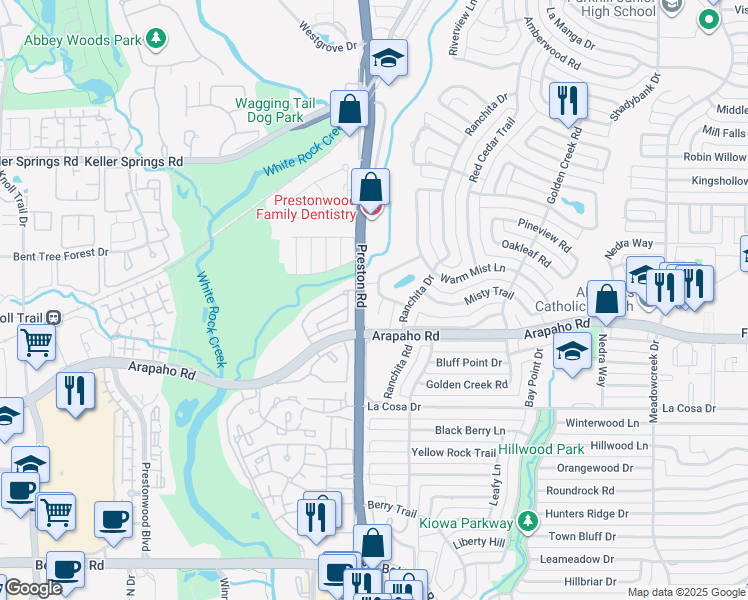 map of restaurants, bars, coffee shops, grocery stores, and more near 6007 Calm Meadow Road in Dallas