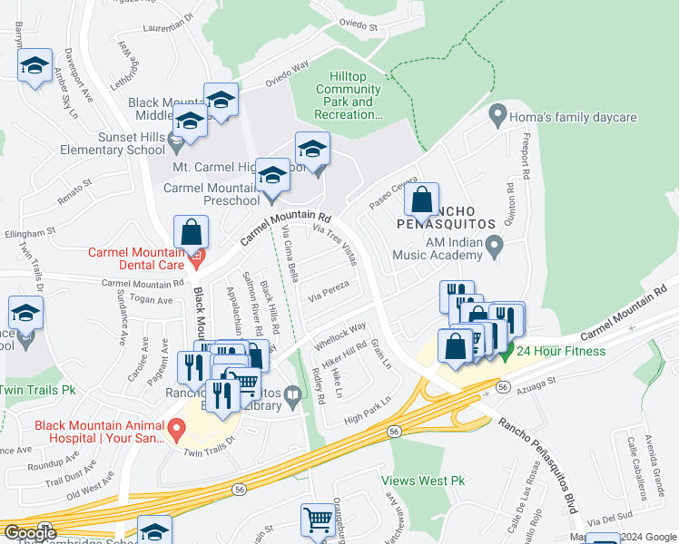 map of restaurants, bars, coffee shops, grocery stores, and more near 9579 Vista Tercera in San Diego