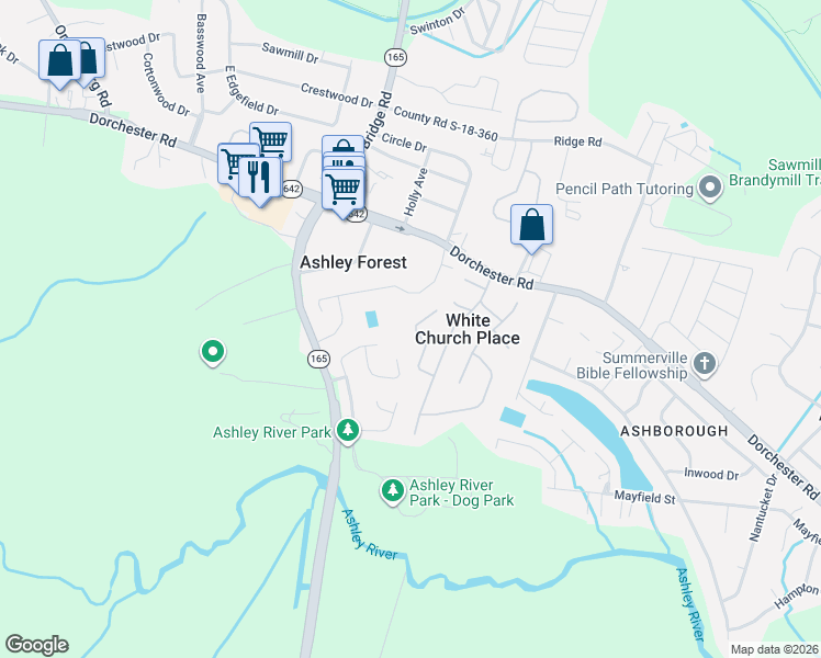 map of restaurants, bars, coffee shops, grocery stores, and more near 129 Steeple Point Court in Summerville