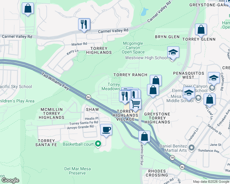 map of restaurants, bars, coffee shops, grocery stores, and more near 7720 Via Rossi in San Diego