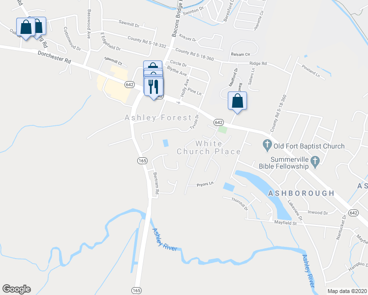 map of restaurants, bars, coffee shops, grocery stores, and more near 121 Steeple Point Court in Summerville