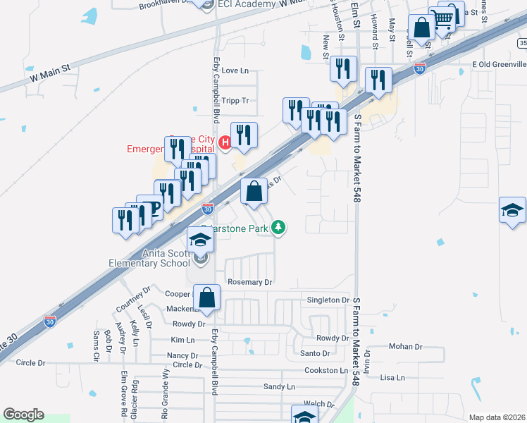 map of restaurants, bars, coffee shops, grocery stores, and more near 1212 Evergreen Street in Royse City