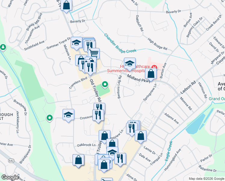 map of restaurants, bars, coffee shops, grocery stores, and more near 188 Midland Parkway in Summerville