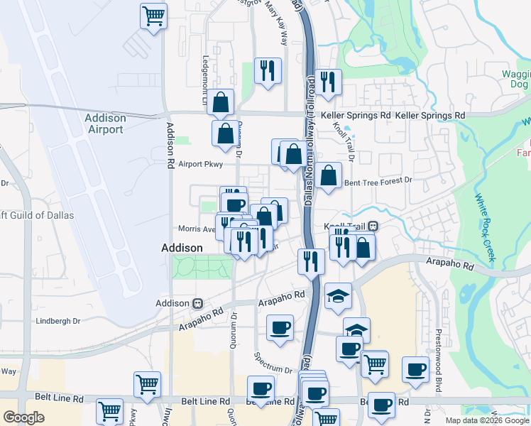 map of restaurants, bars, coffee shops, grocery stores, and more near 15757 Spectrum Drive in Addison