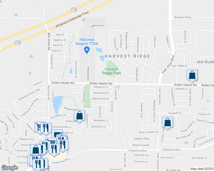 map of restaurants, bars, coffee shops, grocery stores, and more near 4125 Ellenboro Lane in Keller