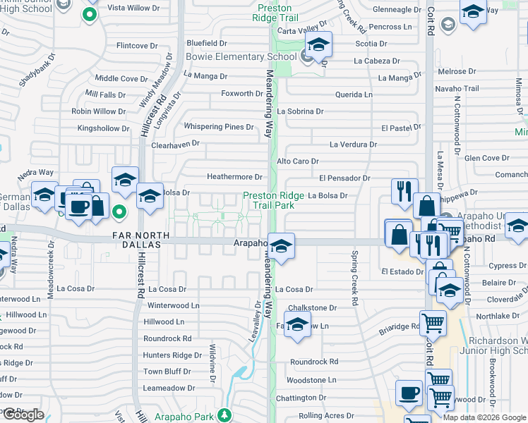 map of restaurants, bars, coffee shops, grocery stores, and more near 15751 Mapleview Circle in Dallas