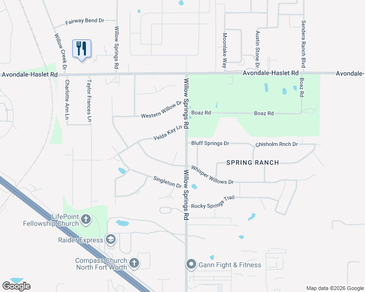 map of restaurants, bars, coffee shops, grocery stores, and more near 1408 Bluff Springs Drive in Haslet