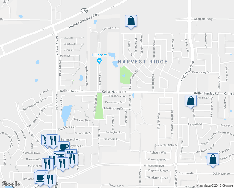 map of restaurants, bars, coffee shops, grocery stores, and more near 4113 Ellenboro Lane in Keller