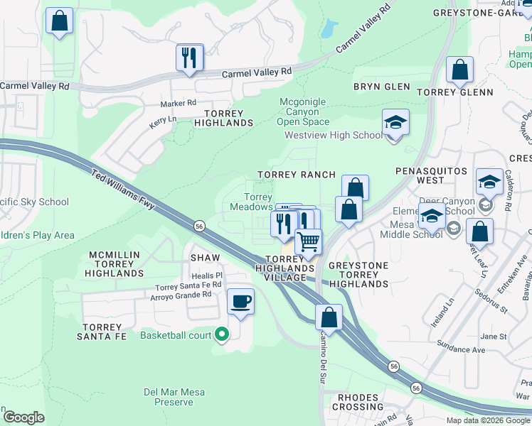 map of restaurants, bars, coffee shops, grocery stores, and more near 7750 Via Belfiore in San Diego