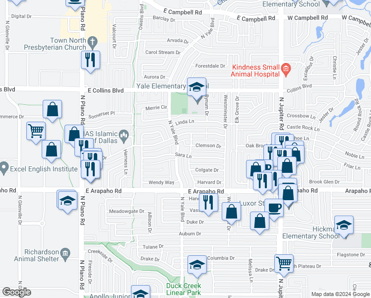 map of restaurants, bars, coffee shops, grocery stores, and more near 1803 Sara Lane in Richardson