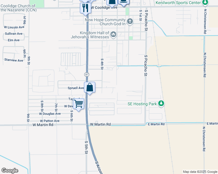 map of restaurants, bars, coffee shops, grocery stores, and more near 1521 South 4th Street in Coolidge